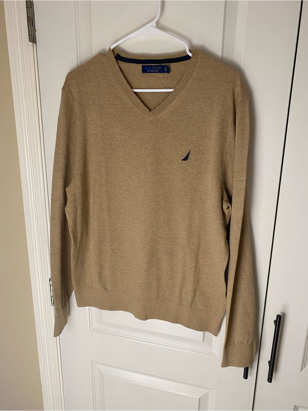 Nautica Men's V-Neck Sweater in Camel Tan with Navy Logo